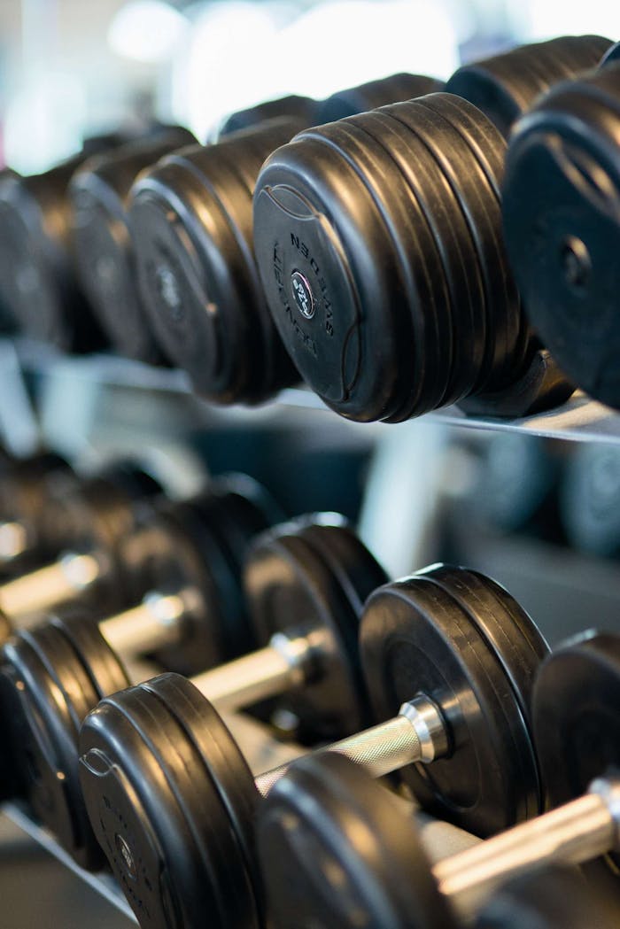 services-02 Close-up view of black dumbbells neatly arranged on a rack in a gym.